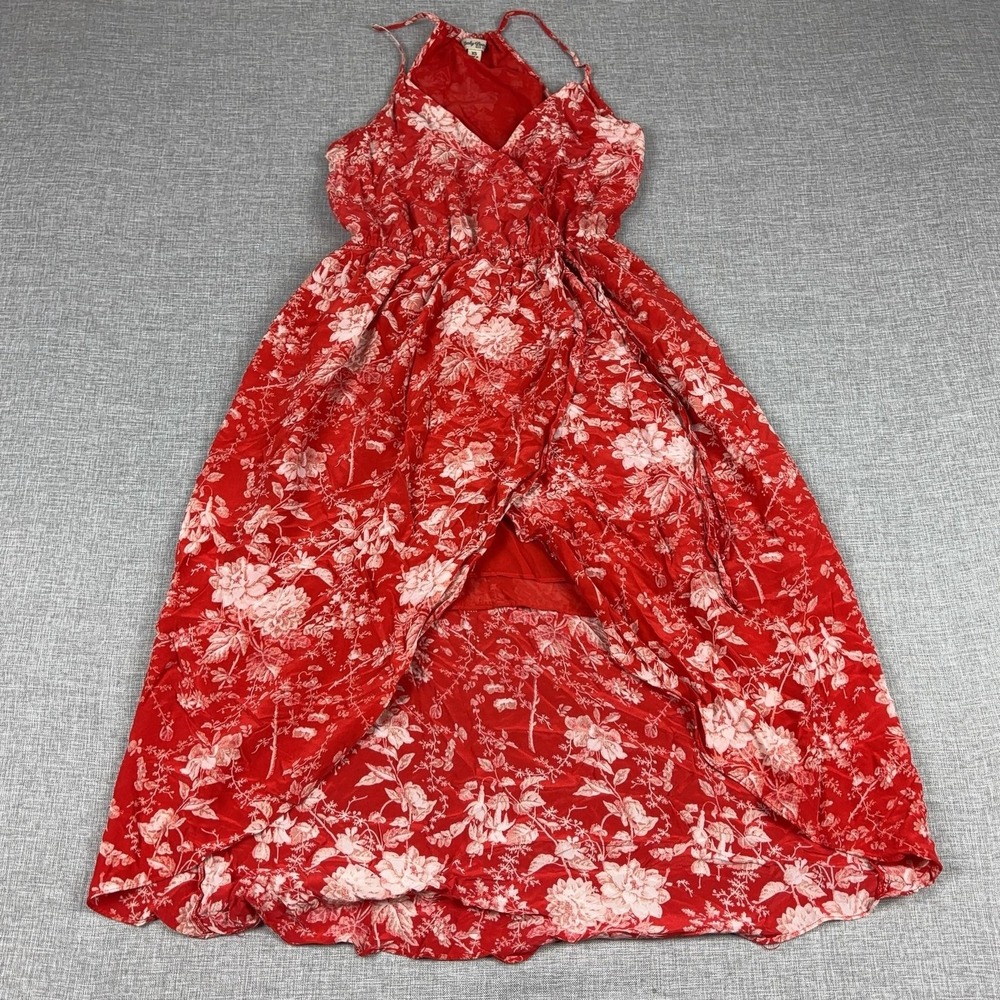 Lucky Brand Dress Womens XS Red Floral Wrap Maxi Strappy Lined Layered Summer